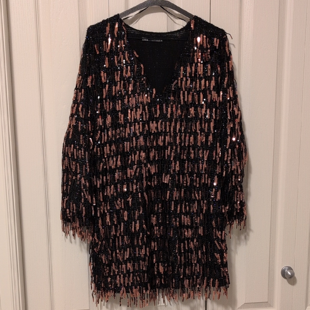 Zara Black and Copper Sequin Mini Dress